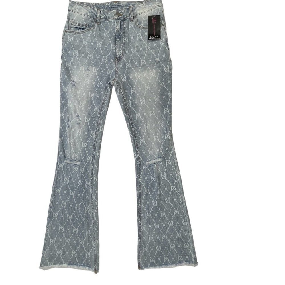 NOBO Jeans Juniors Size 5 Blue Light Wash Flare‎ Butterfly Distress Holes NEW